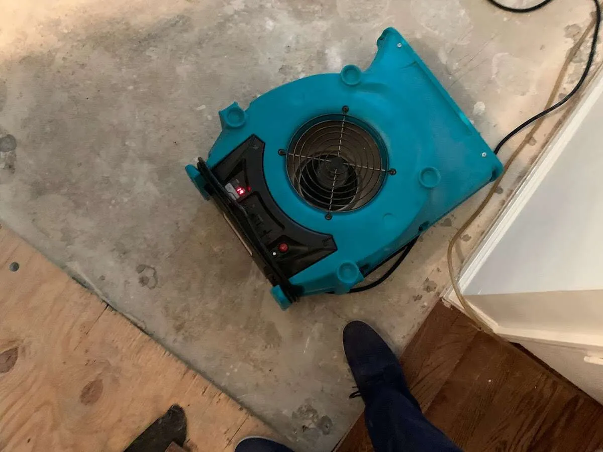 Air mover drying subfloor during Leak Detection & Repair in Easton